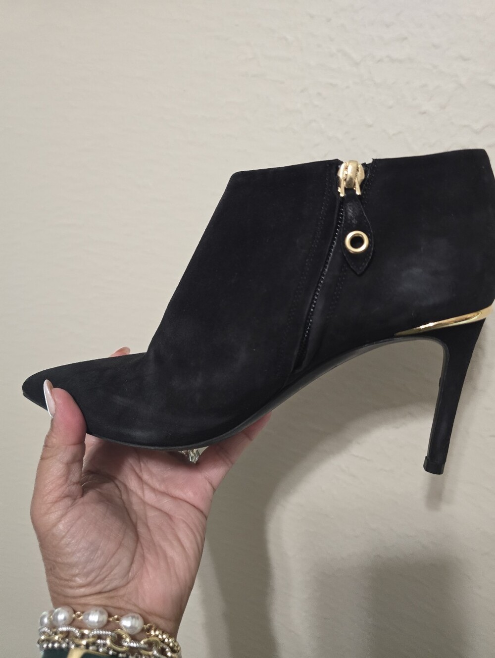 Black Suede Stiletto Heels with Gold Accent - Designer Style - Picture 6 of 7